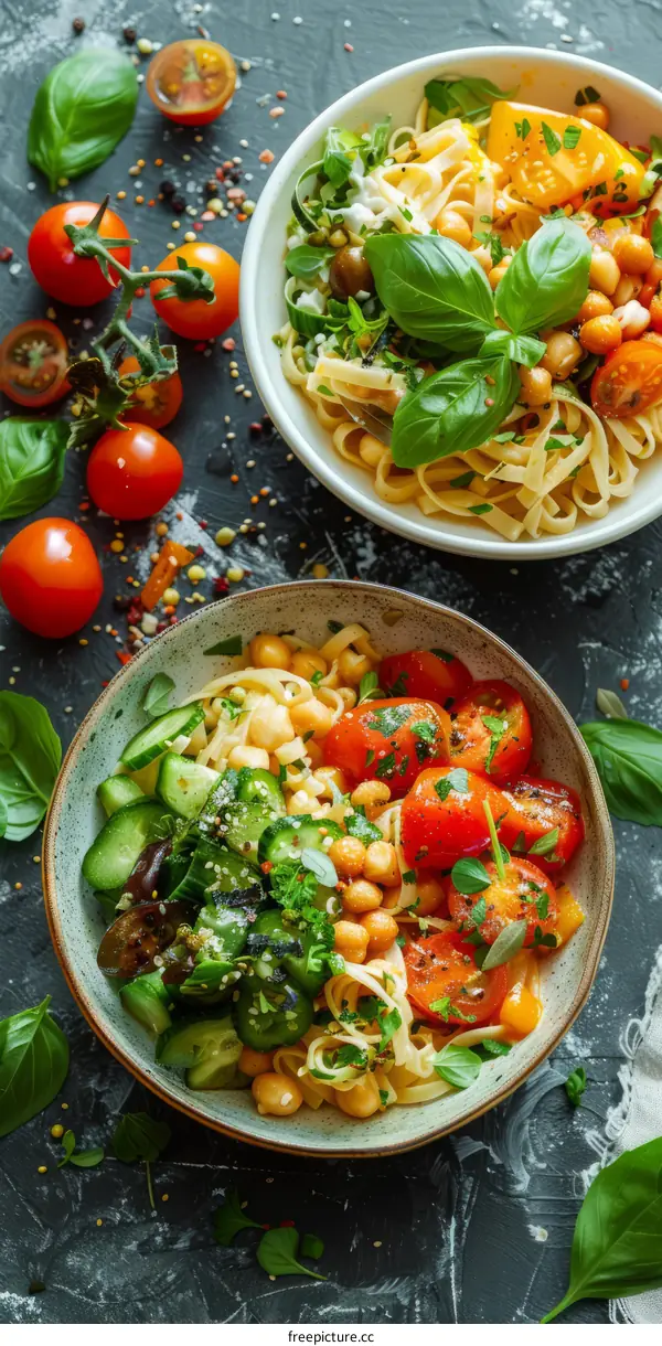 pasta salad with tomatoes, cucumber, basil, and chickpeas