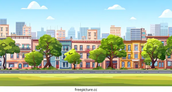 Cityscape with Buildings and Trees