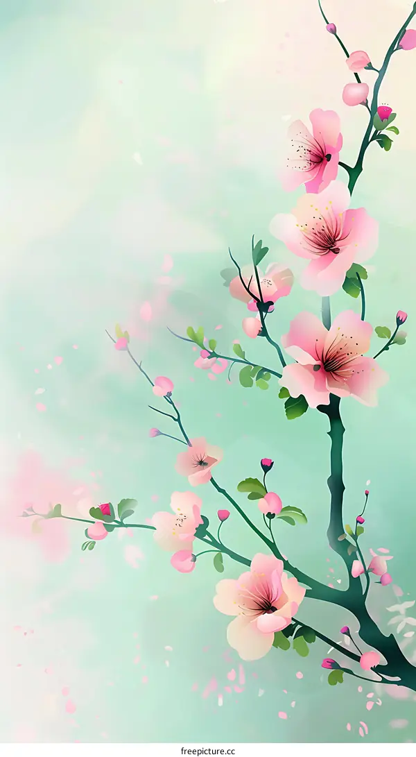 Pink Flower Branch with Green Leaves on a Light Blue Background