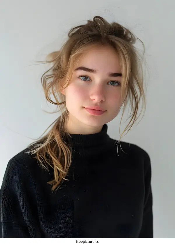 Portrait of a Young Woman with Blonde Hair and Blue Eyes