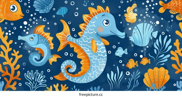 Underwater Illustration of Fish and Seahorses