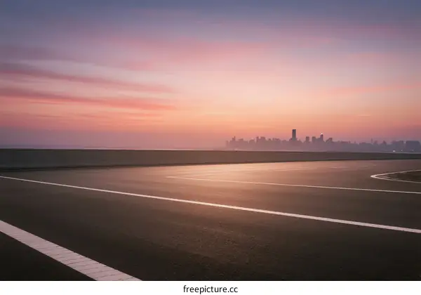 Beautiful sunset view with empty road leading to city skyline