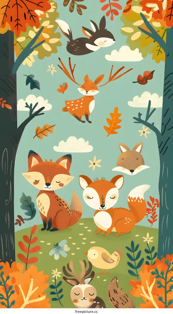 Cute Cartoon Animals In Autumn Forest Illustration