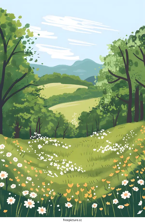 Spring Meadow Landscape with Green Trees and Flowers