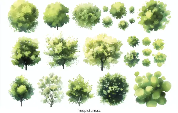 Collection of Watercolor Tree and Shrub Illustrations