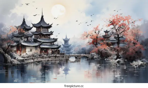 An Illustrative Chinese Landscape with a Tranquil Lake, Scenic Bridge, and Majestic Pagoda