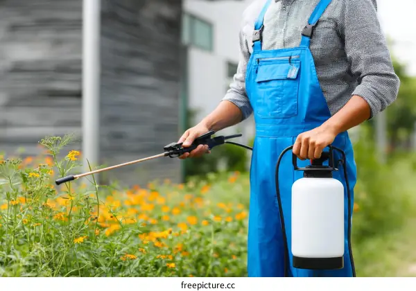 Gardener spraying pesticide on flowers in garden