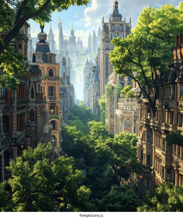 A Futuristic City Street with Lush Trees