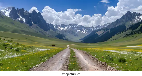 dirt road through a valley in the mountains