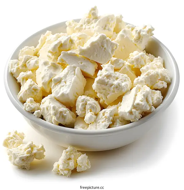 Bowl of Crumbled Feta Cheese on White Background