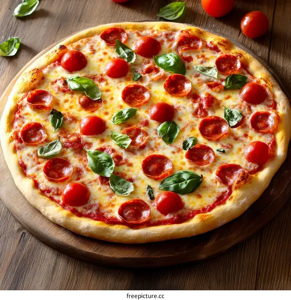 Delicious Pepperoni Pizza on Wooden Board