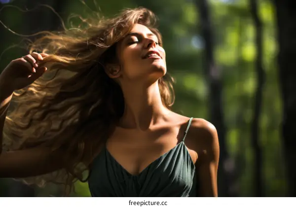 Young woman with long blond hair smiling with her eyes closed in a forest