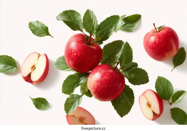 Fresh Red Apples with Green Leaves Arranged on White Background