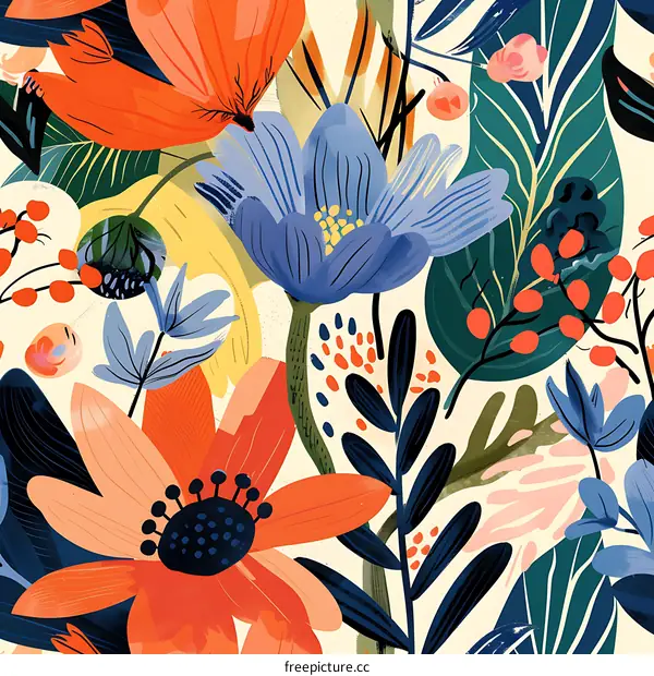 Colorful Floral Pattern Design with Vibrant Colors and Abstract Shapes