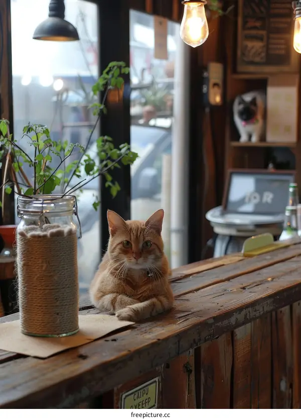 A ginger cat sitting on a wooden bar counter in a cafe