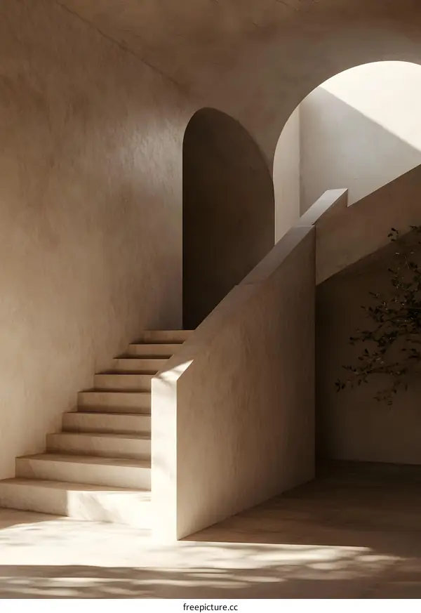 Minimalist Concrete Stairs with Archway and Sunlight