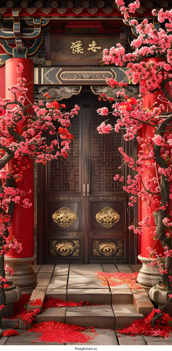 Chinese courtyard with pink flowers