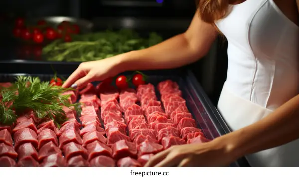 woman in a white dress is holding a tray of raw meat