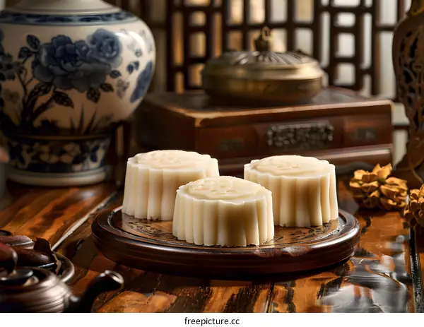 Traditional Chinese Moon Cakes on Wooden Plate