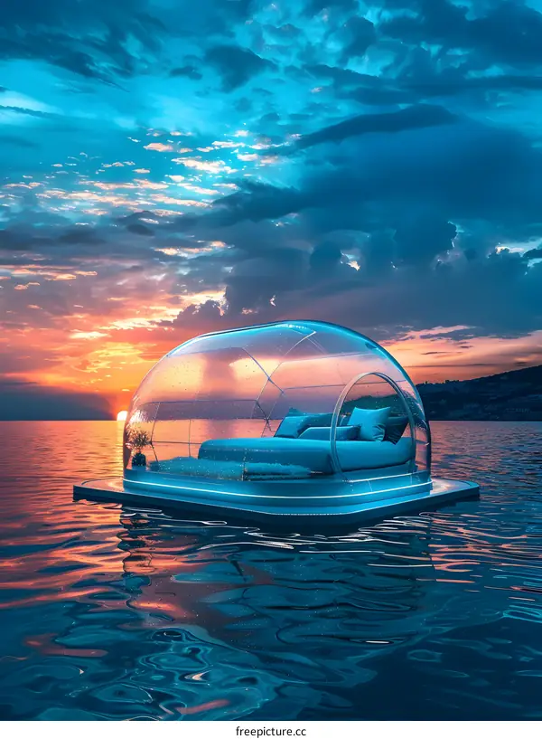 Transparent Dome Floating on Water at Sunset