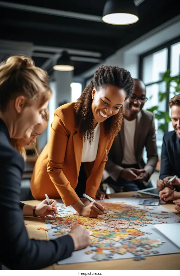 Multiethnic group of business professionals working together on a puzzle