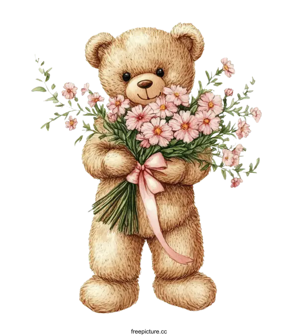 [Transparent Background PNG]Teddy Bear with a Bouquet of Flowers Illustration