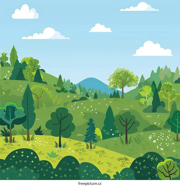 Green Forest Landscape Illustration With Blue Sky