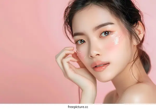 Beautiful Asian Woman with Pink Makeup and Shiny Skin