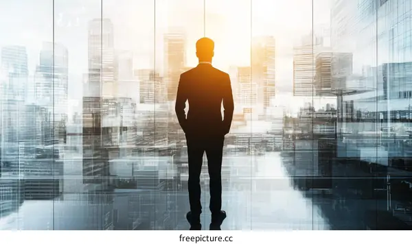 Businessman Contemplating Cityscape Silhouette