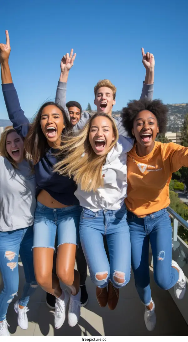 Group of diverse college students jumping in the air