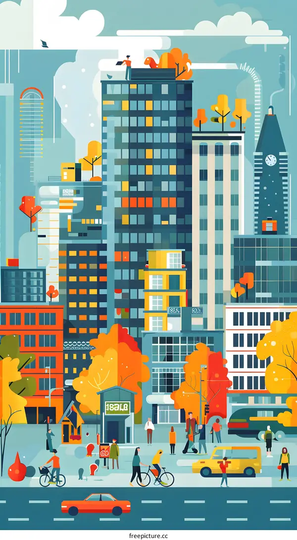 Autumn Cityscape Illustration with People Walking and Biking on the Street