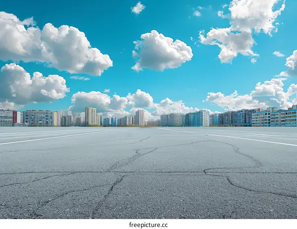 Empty Parking Lot with City Buildings Under Blue Sky