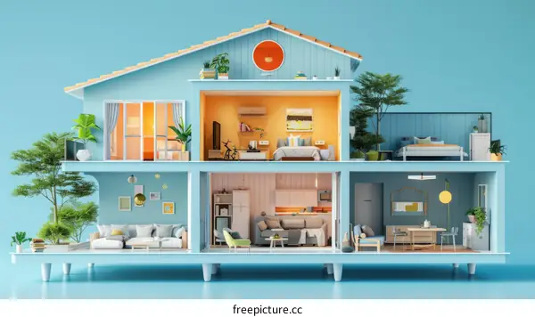 Cutaway Illustration of a Two-Story House