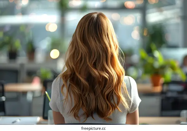 redhead woman sitting with back to camera