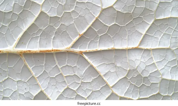 Close-up of a leaf with white paint peeling off in a cracked pattern