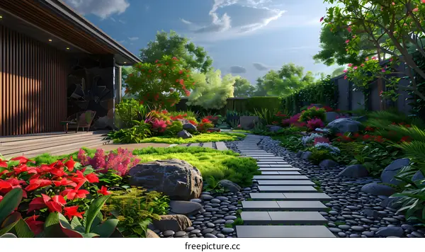 Courtyard with flowers and a stone path