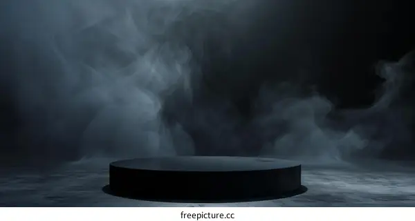 Black Round Stage on a Dark Background with White Smoke