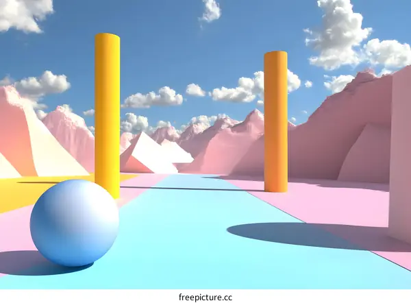 Abstract 3D Geometric Shapes Illustration with Pink and Blue Mountains