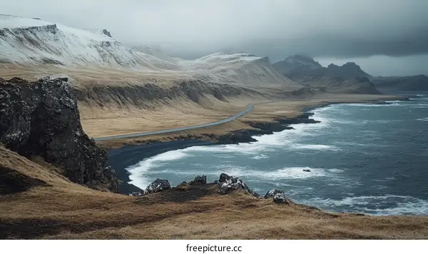 Icelandic Coastline Landscape With Snow Covered Mountains