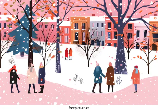 Winter Scene with People Walking in the Snow