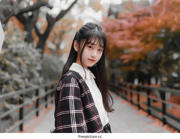 Young Asian Woman Standing in a Park with Autumn Leaves