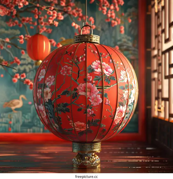 Traditional Chinese Lantern with Pink Flowers
