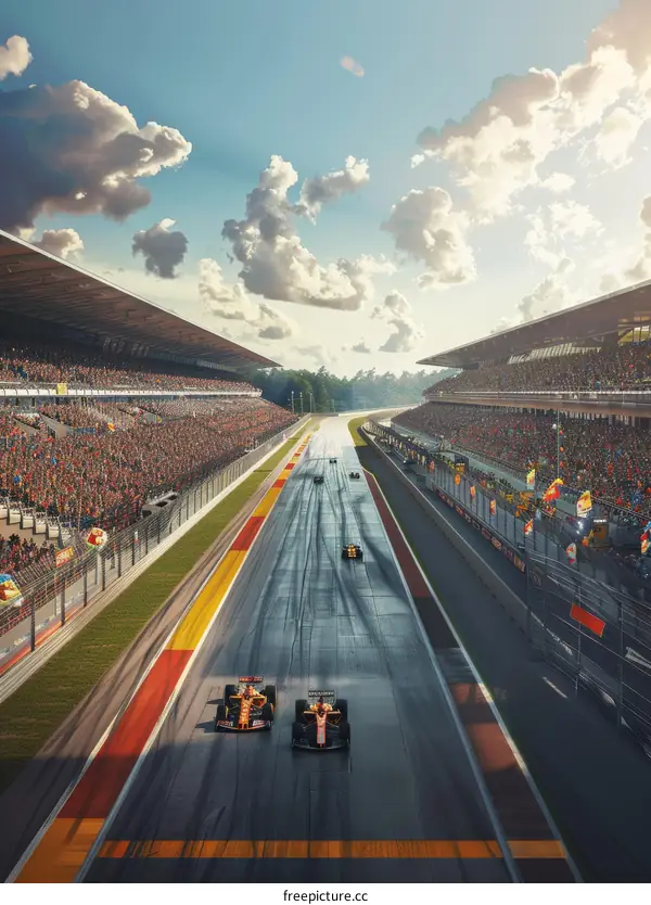 Formula One Race: Cars Speeding on Track with Crowd in Stands