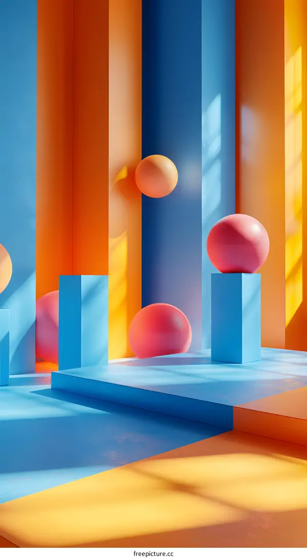 3D rendering of a room with geometric shapes and bright colors