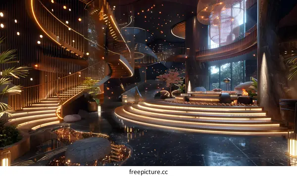 Luxury hotel lobby interior design with spiral staircase