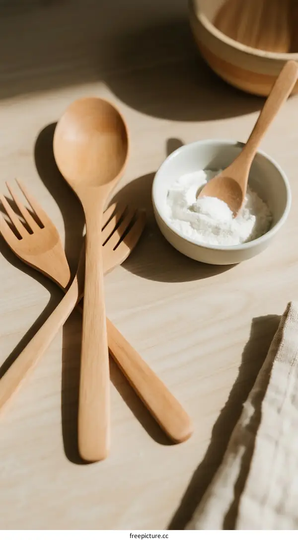 Wooden cutlery and white powder on wooden table