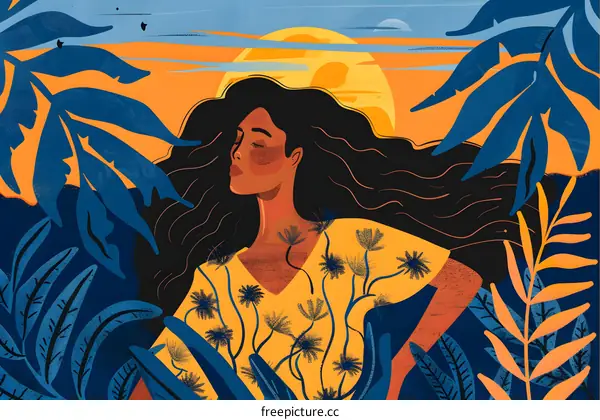 Woman with Long Hair in a Yellow Dress with Flowers Among Blue Leaves and a Yellow Sun
