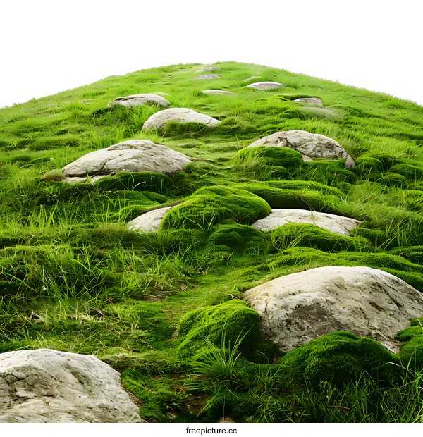 [Transparent Background PNG]Green Grass and Moss Covered Rocks on a Hill