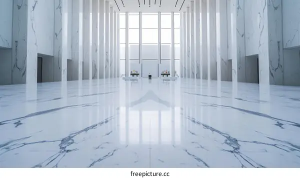 Large bright empty hall with marble floor and columns