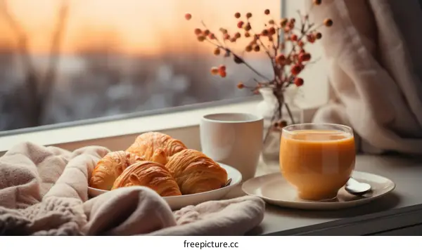 A Cozy Breakfast with Croissants and Orange Juice by the Window